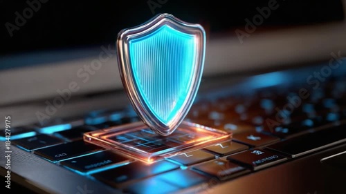 Digital Fortress: A glowing shield symbol floats atop a laptop keyboard, representing cybersecurity and protection in the digital world.