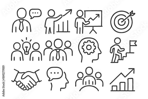 Business growth icons: graphs, targets, teamwork, success steps.