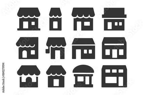 Variety of storefront icons: set of twelve black retail shop silhouettes.