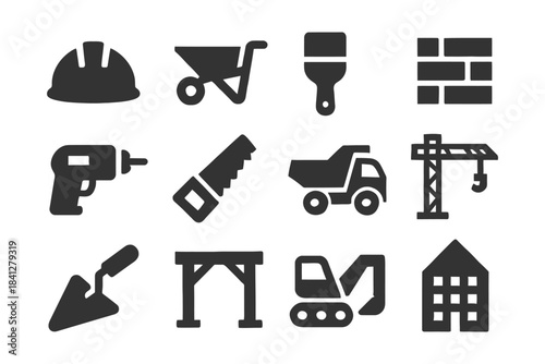 Construction icon set: tools, machinery, and building symbols.