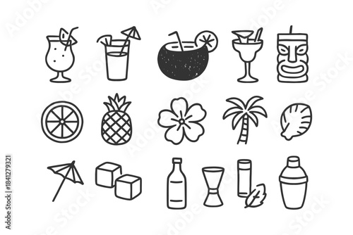 Tropical cocktail icons: coconut, tiki, palm, pineapple, drink ingredients.