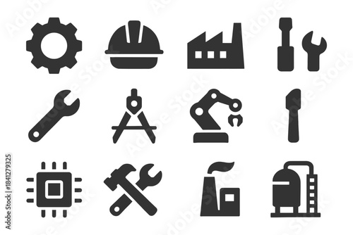 Industrial tools and factory icons set featuring gear, wrench, and robotics.