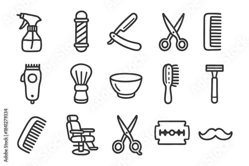Barber shop tools icons: scissors, razor, comb, spray bottle, brush, chair, blade.