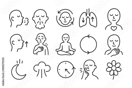 Mindful breathing and relaxation techniques simple line icons set.