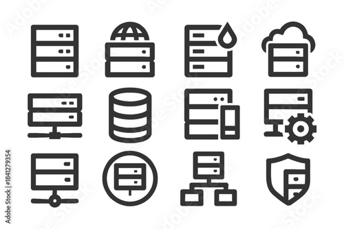 Server icon set: cloud, security, database, network, technology symbols.