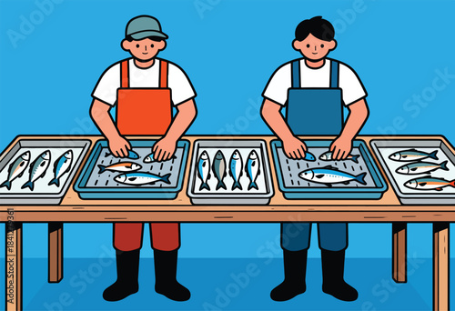 Two men in overalls sorting fish on a table