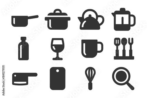 Kitchen utensil icons: saucepans, kettle, blender, glass, mug, utensils, cleaver.