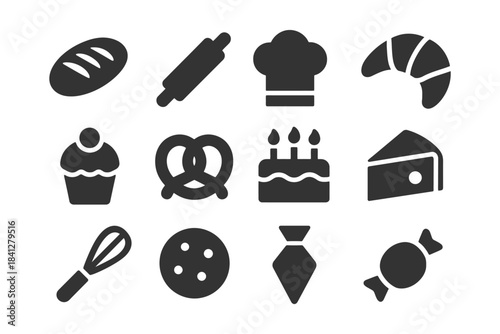 Bakery icon set: bread, croissant, cupcake, cake, chef hat, pretzel, whisk.