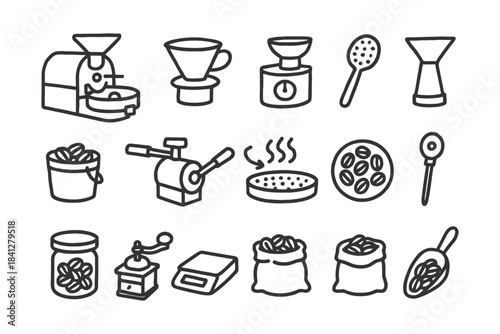 Coffee brewing essentials: machine, dripper, scale, beans, grinder, filter, spoon icons.