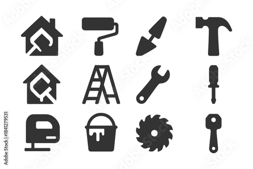 Home improvement tools icons: paintbrush, hammer, ladder, wrench, screwdriver.