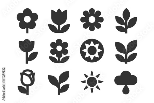 Simple floral and nature icon set featuring flowers, leaves, sun, and rain.