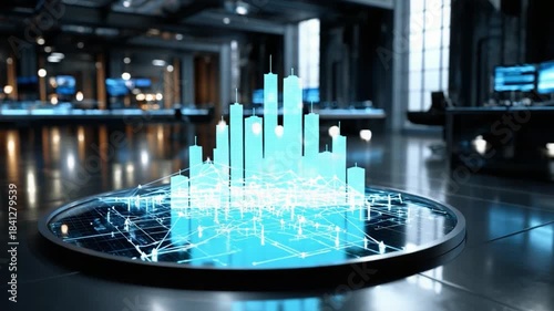 Digital City of the Future: A futuristic cityscape, illuminated in cool blue, takes center stage on a sleek, circular platform, embodying the essence of urban innovation and technological advancement.