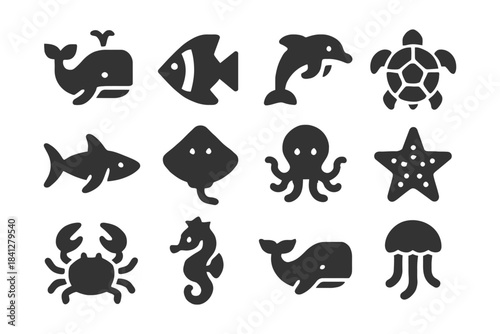 Collection of sea animal icons: whale, fish, dolphin, turtle, shark, ray, octopus, starfish, crab, seahorse, jellyfish.
