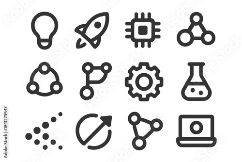 Set of technology and science icon designs featuring rocket and lab equipment.