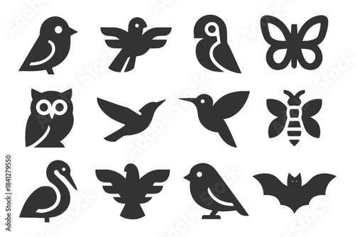 Silhouette icons set featuring birds, insects, and bat designs.
