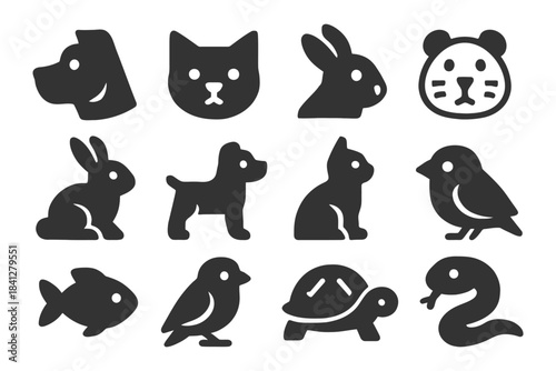 Silhouette icons of common animals: dog, cat, rabbit, bird, fish, turtle, snake.