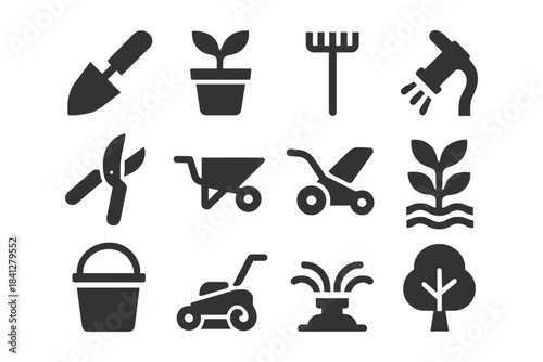 Garden tools and plant icons collection for horticulture activities.
