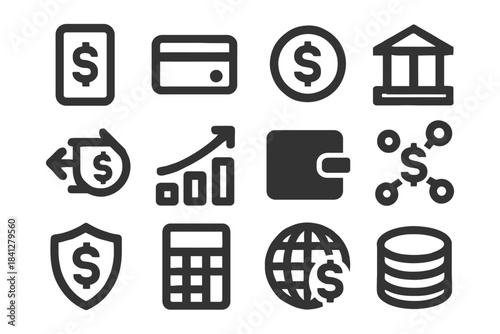 Financial icons set featuring banking, credit card, wallet, and currency symbols.