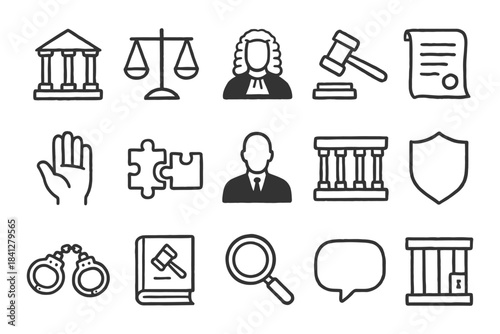 Legal icons collection featuring judge, gavel, handcuffs, and law book symbols.