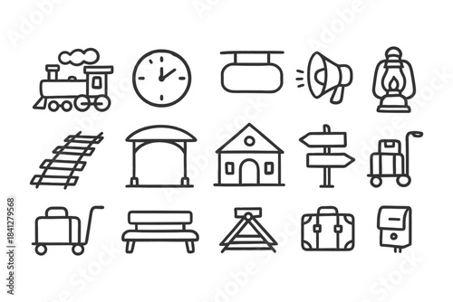 Transport and travel icon set featuring train, luggage, and signpost symbols.