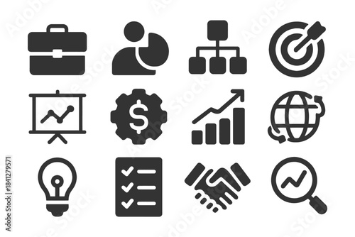 Business icons set: briefcase, people, graph, target, lightbulb, checklist, handshake, globe, magnifying glass.