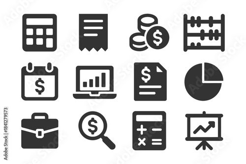 Financial icons set: calculator, graph, coins, chart, abacus, briefcase, analysis.