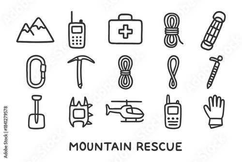 Mountain rescue equipment icons: safety, communication, climbing, emergency.
