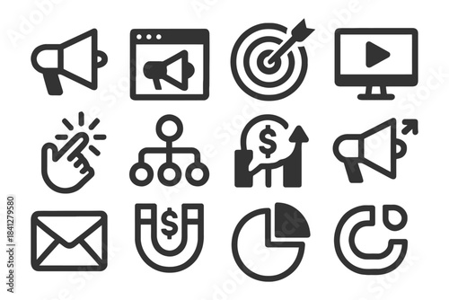 Digital marketing icons: megaphone, target, video, growth, chart.