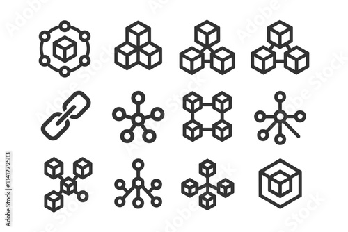 Blockchain and network icons: cubes, links, nodes, connections.