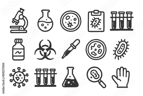 Scientific laboratory icons: microscope, test tubes, bacteria, virus, chemical vials, and biohazard symbols.