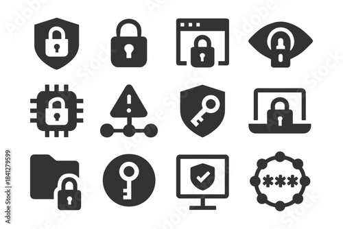 Cybersecurity icons: lock, key, shield, network, privacy, protection, encryption symbols.