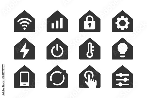 Smart home icon set: wifi, security, technology, automation symbols.