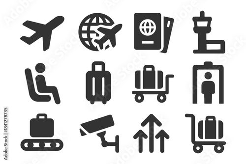 Airport icons set: airplane, passport, luggage, security, travel symbols.