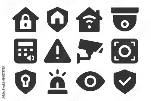 Home security icons: cameras, alarms, and lock symbols for safety systems.