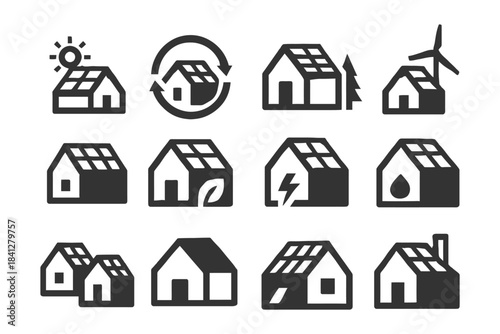 Eco-friendly house icons with solar panels, wind turbine, and green elements.