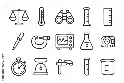 Science and laboratory icon set: scales, thermometer, binoculars, beaker, stopwatch.