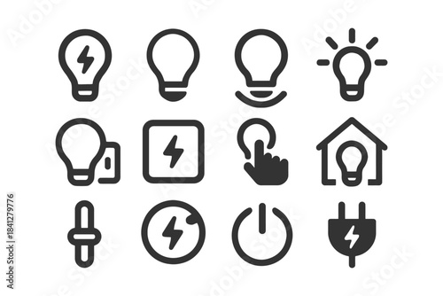 Electricity and lighting icons set: lightbulbs, power, plug, switch, energy symbols.