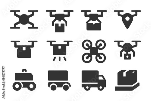 Drone delivery icons: logistics and transportation symbols in black.