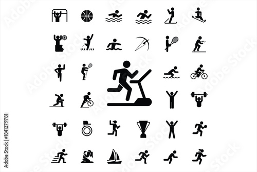 Collection of Black Sports and Fitness Icons on White Background running treadmill