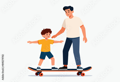 Man teaching boy to skateboard