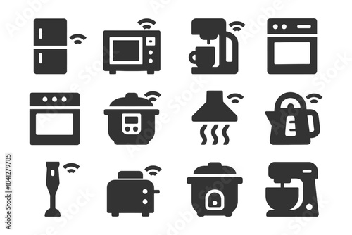 Smart kitchen appliances icons: fridge, microwave, coffee maker, oven, toaster.