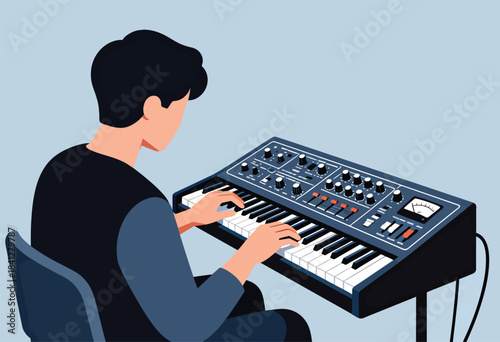 Person playing an electronic keyboard synthesizer with many knobs and sliders