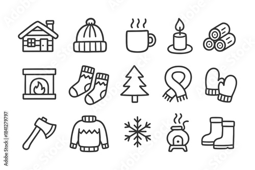 Winter themed icons: cozy clothing, hot beverages, fireplace, snow gear, and wood.