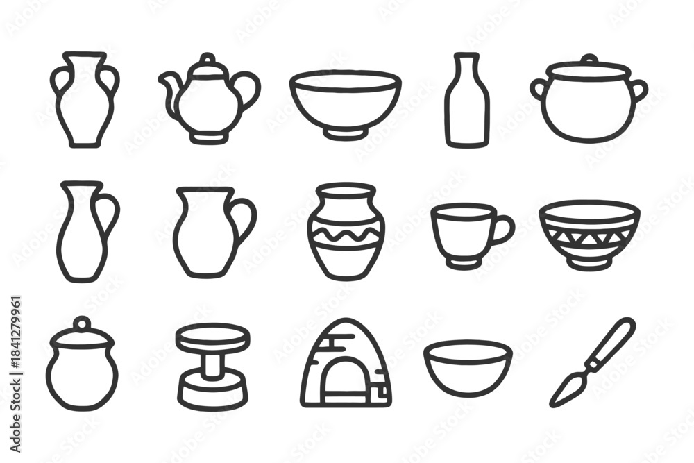 Obraz premium Collection of simple pottery and kitchenware icons in black and white.