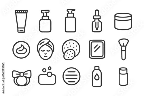 Skincare icons set with lotion, soap, serum, mask, and brush.