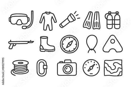 Scuba diving equipment icons: snorkel, wetsuit, flashlight, fins, tanks, compass, camera.