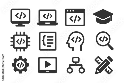 Code and technology icons set: computer, laptop, chip, head, gear.
