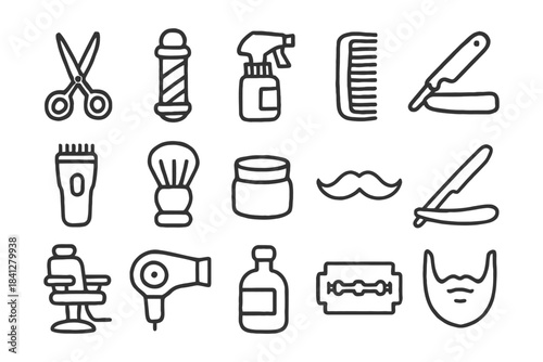 Barber shop icons: scissors, razor, comb, hairdryer, mustache, shaving brush.