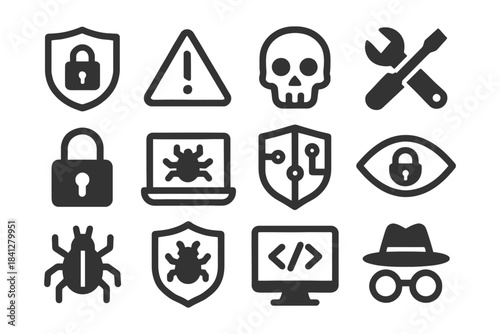 Cybersecurity icons set: shield, skull, bug, lock, tools, spy, code.
