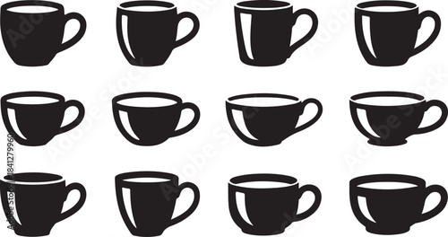 Twelve black silhouette coffee and tea mugs in various styles on a white background coffee cup tea cup